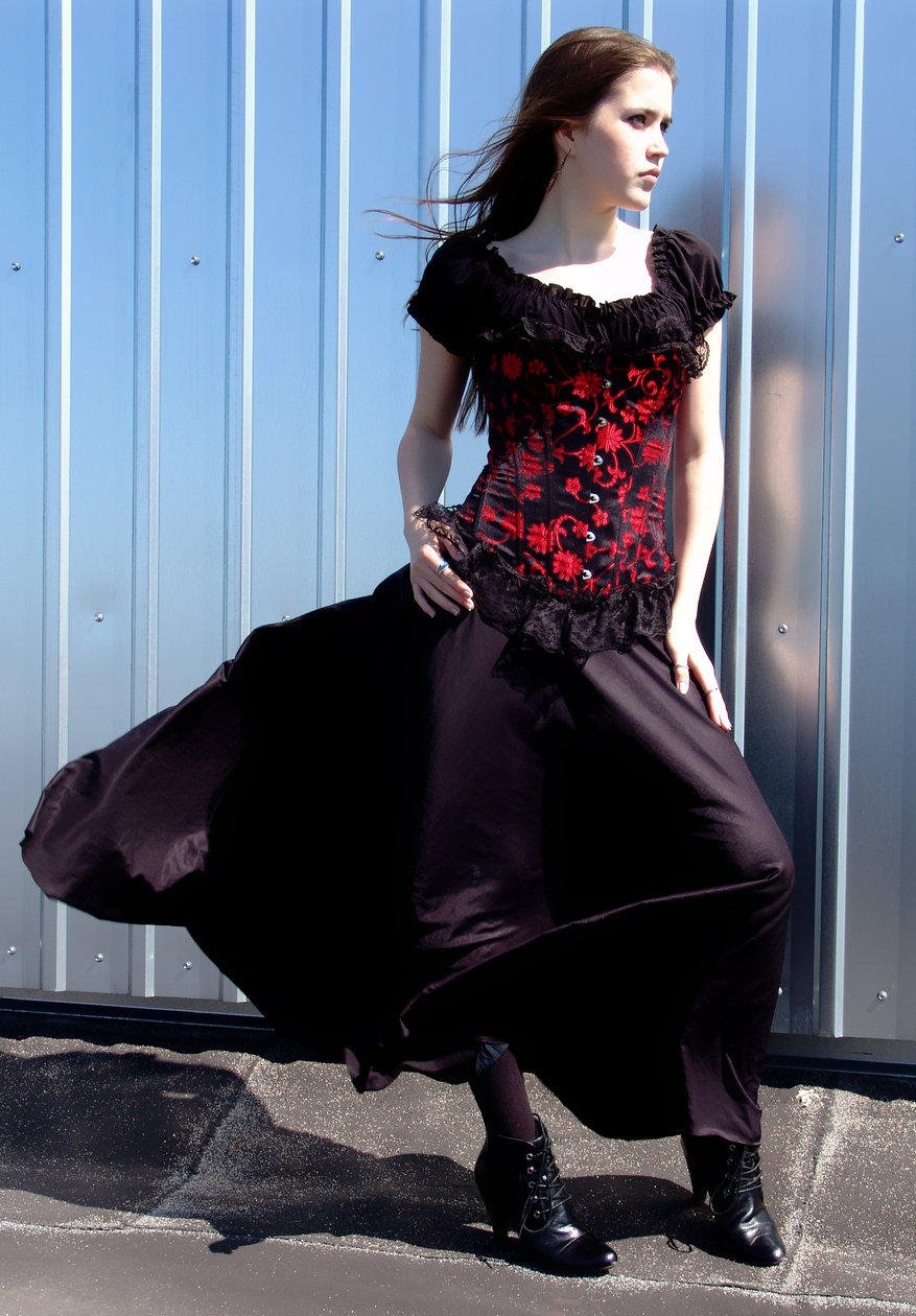 Auburn Gothic Teen Girl wearing Purple Opaque Pantyhose and Black Long Dress